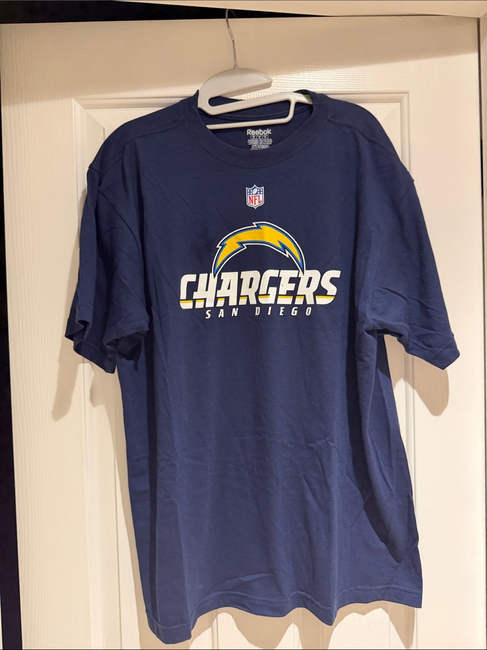 Reebok Navy Chargers San Diego T‑Shirt with Yellow Logo